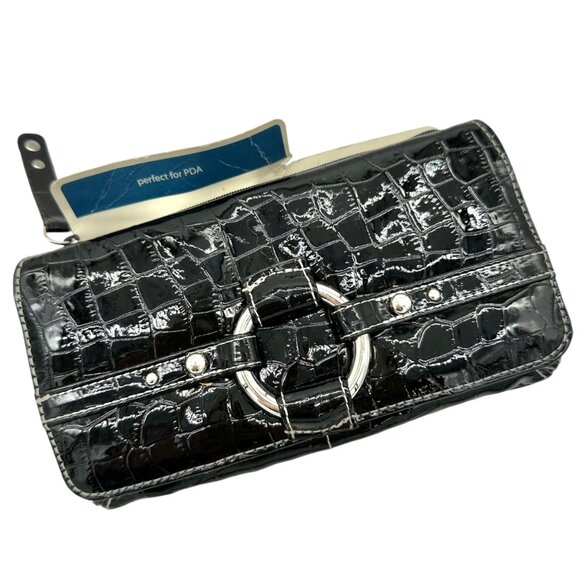 Rolfs Black Croc-Embossed Leather Wallet Clutch Card Holder Multiple Pockets - Picture 1 of 13